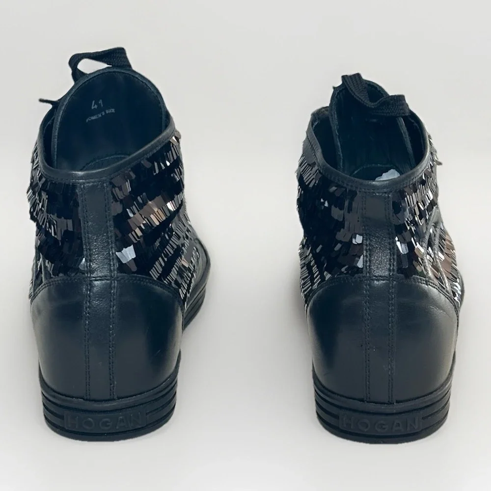 Hogan Rebel Black Metallic Sequin High‎ Top Leather Sneakers Ws Sz 41 US 10.5